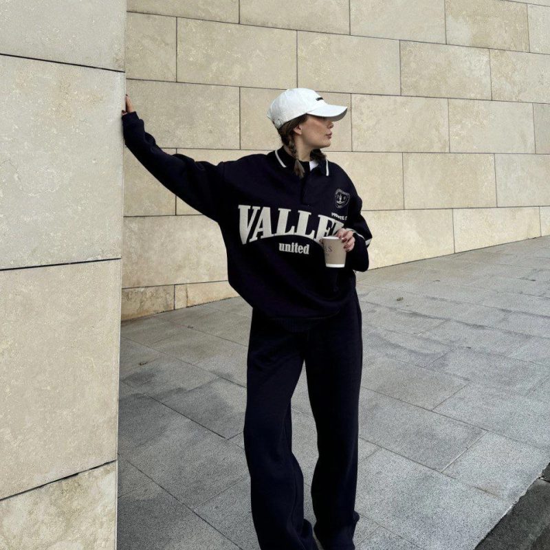 Üç İplik Yakalı Sweat Baggy Pantalonlu Takım - Siyah -