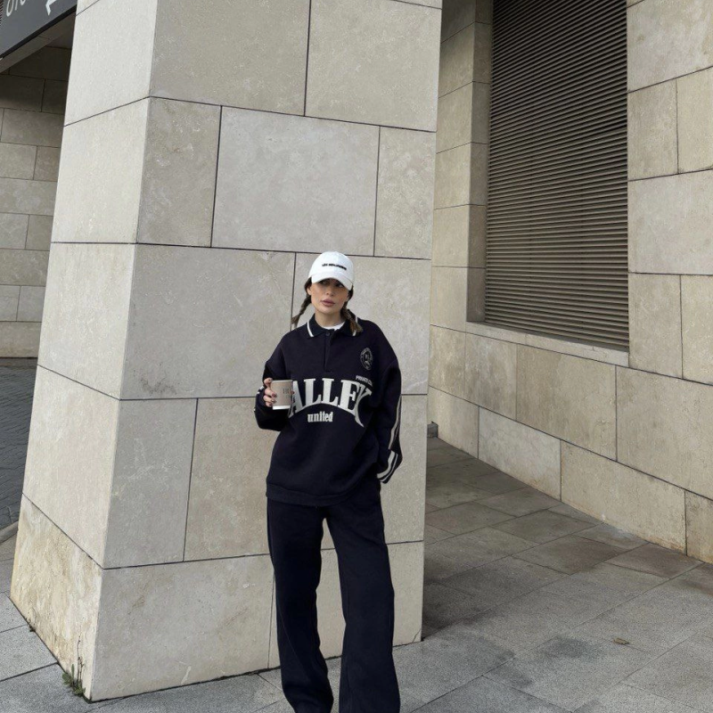 Üç İplik Yakalı Sweat Baggy Pantalonlu Takım - Siyah -