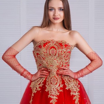 Uzun Boy Kırmızı Puantiyeli Kırmızı Renk Yetişkin Tül Eldiven