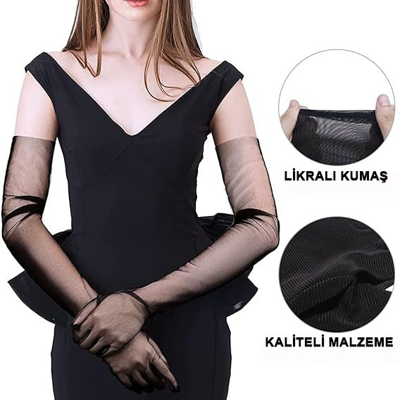 Uzun Boy Likralı Siyah Yetişkin Mega Tül Eldiven