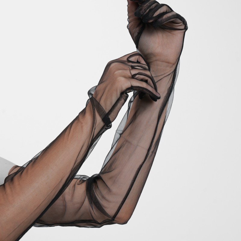 Uzun Boy Likralı Siyah Yetişkin Mega Tül Eldiven