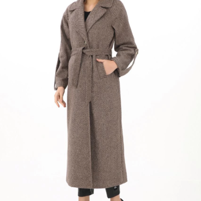 Uzun Kaşe Kaban – Yünlü Dokuma Kaşmir Kumaş, Kruvaze Yaka, Kuşaklı Astarlı Tesettür Uyumlu Şık Kışlık Siyah Model- Vizon