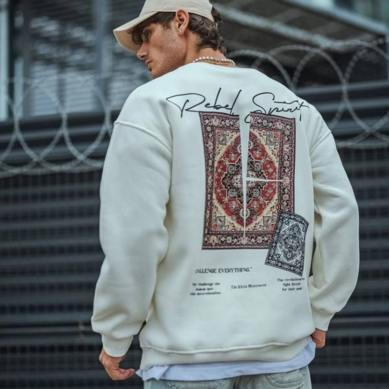 Uzun Kol Bisiklet Yaka Baskılı SweatShirt - Beyaz -