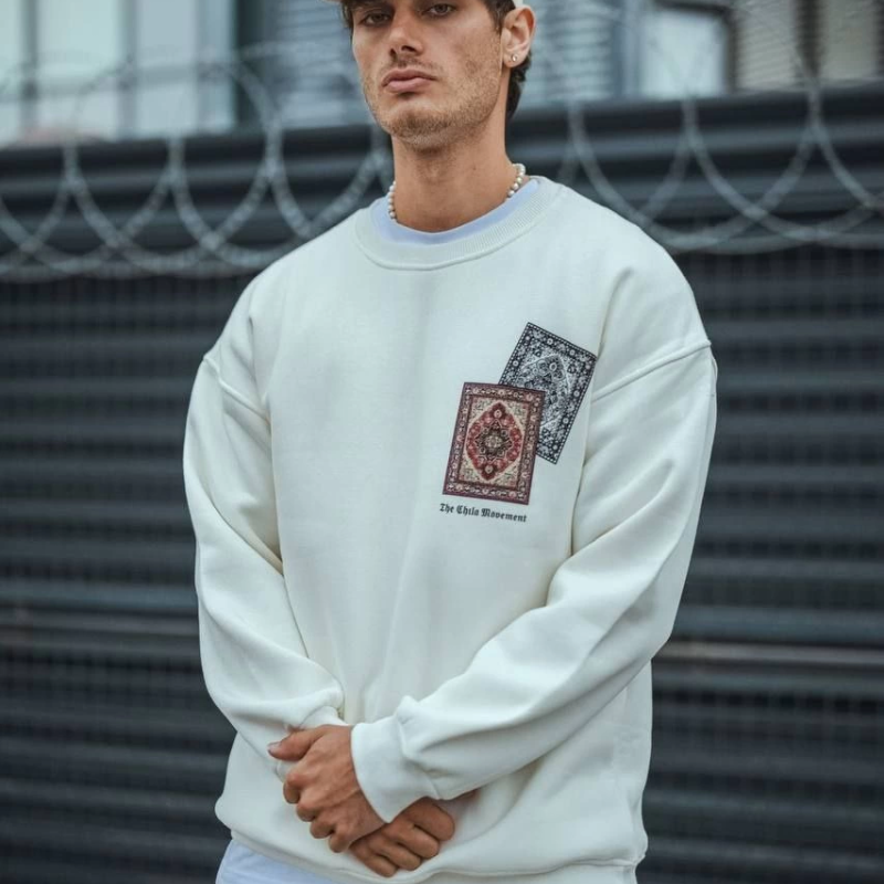 Uzun Kol Bisiklet Yaka Baskılı SweatShirt - Beyaz -