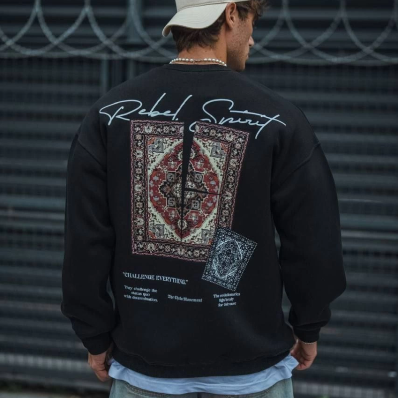 Uzun Kol Bisiklet Yaka Baskılı SweatShirt - Siyah -