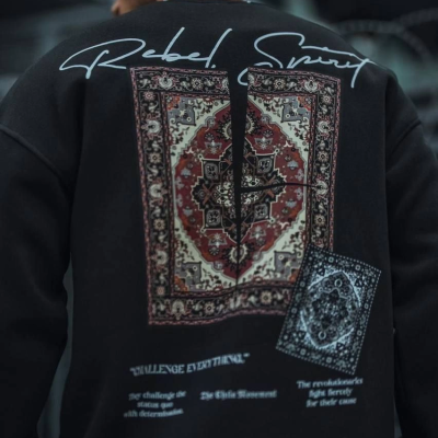 Uzun Kol Bisiklet Yaka Baskılı SweatShirt - Siyah -