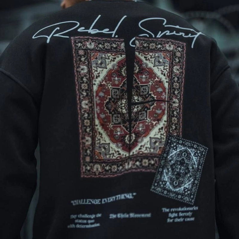 Uzun Kol Bisiklet Yaka Baskılı SweatShirt - Siyah -