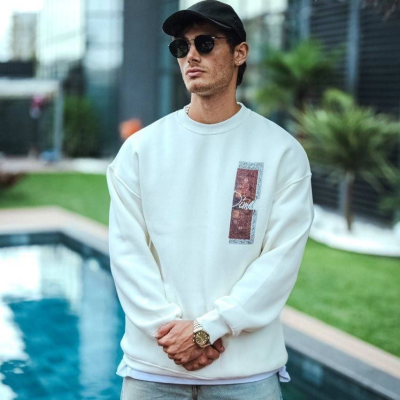 Uzun Kol Bisiklet Yaka Ön ve Arka Baskılı SweatShirt - Beyaz -