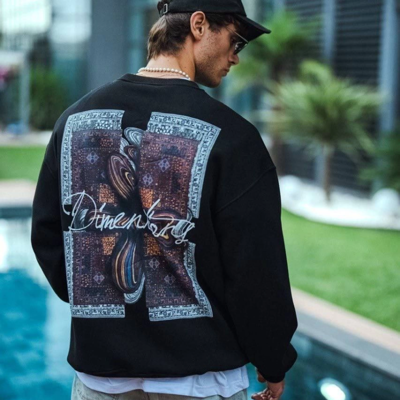 Uzun Kol Bisiklet Yaka Ön ve Arka Baskılı SweatShirt - Siyah -