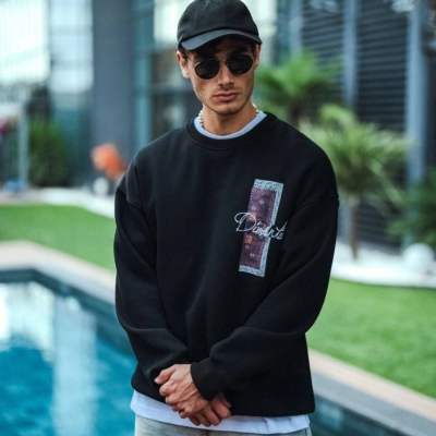 Uzun Kol Bisiklet Yaka Ön ve Arka Baskılı SweatShirt - Siyah -