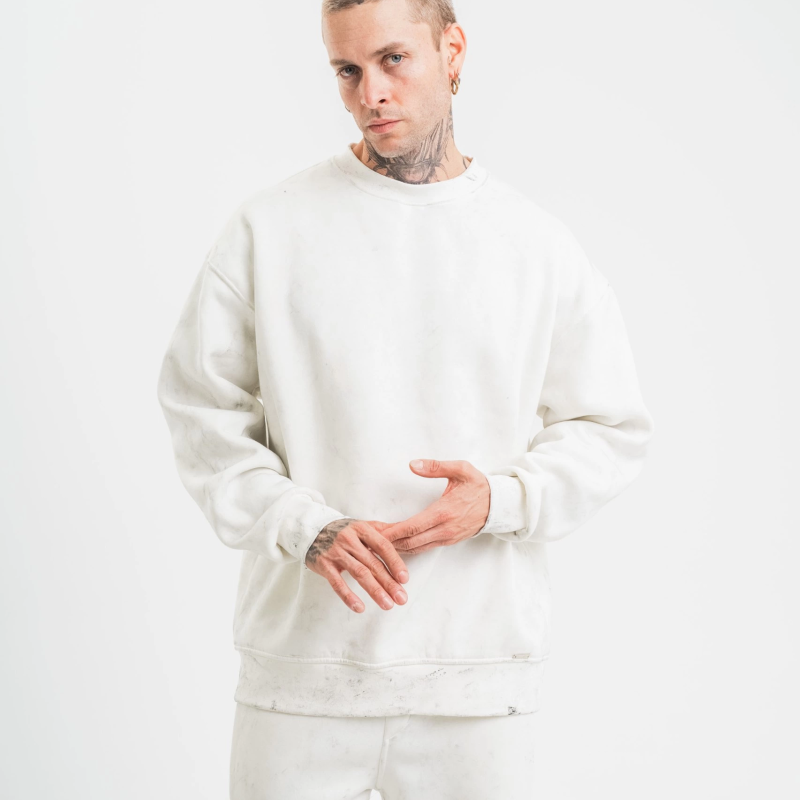 Uzun Kol Bisiklet Yaka Yıkamalı SweatShirt - Beyaz -