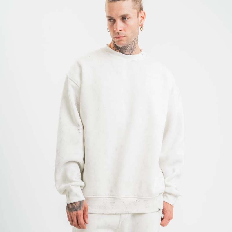 Uzun Kol Bisiklet Yaka Yıkamalı SweatShirt - Beyaz -