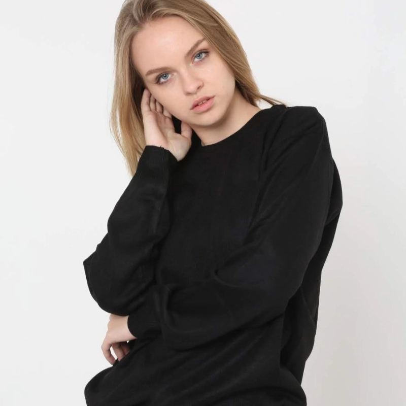 Uzun Kol Biskilet Yaka Dokuma Triko - Siyah -