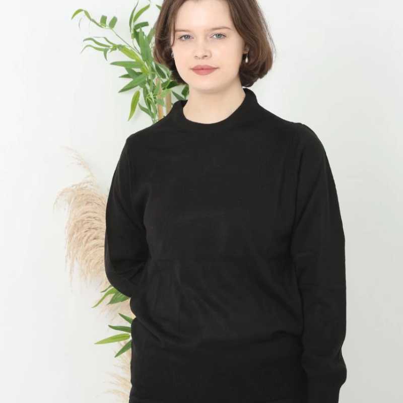 Uzun Kol Biskilet Yaka Dokuma Triko - Siyah -