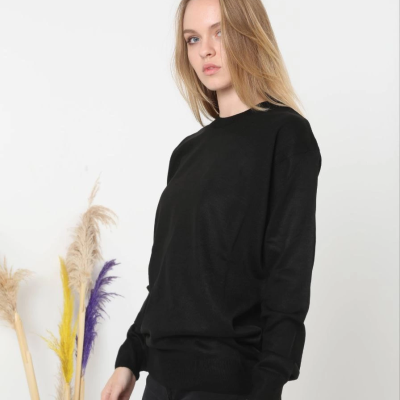 Uzun Kol Biskilet Yaka Dokuma Triko - Siyah -