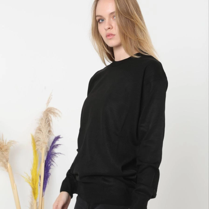 Uzun Kol Biskilet Yaka Dokuma Triko - Siyah -