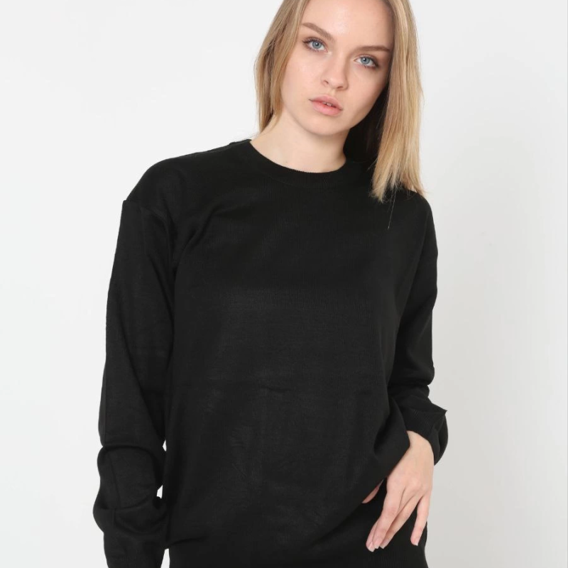 Uzun Kol Biskilet Yaka Dokuma Triko - Siyah -