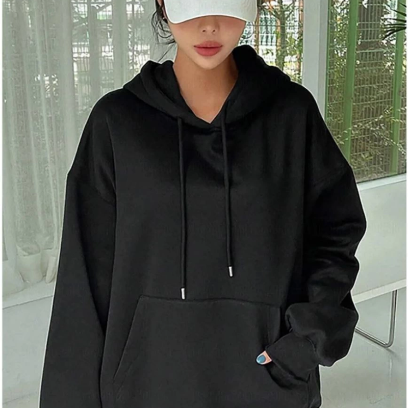 Uzun Kol Kapşonlu Basic Sweatshirt hoodie - Siyah