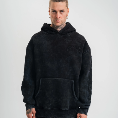 Uzun Kol Kapşonlu Yıkamalı Nakışlı SweatShirt - Siyah