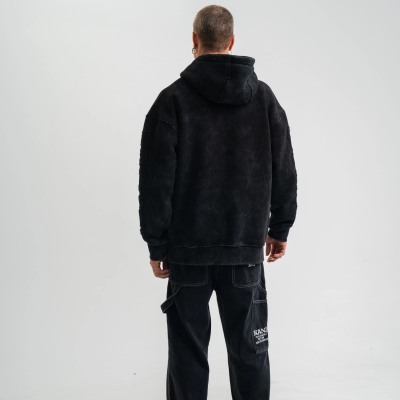 Uzun Kol Kapşonlu Yıkamalı Nakışlı SweatShirt - Siyah