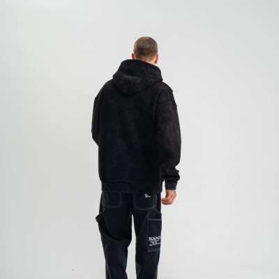 Uzun Kol Kapşonlu Yıkamalı Nakışlı SweatShirt - Siyah