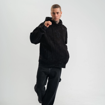 Uzun Kol Kapşonlu Yıkamalı Nakışlı SweatShirt - Siyah