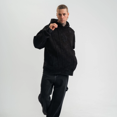 Uzun Kol Kapşonlu Yıkamalı Nakışlı SweatShirt - Siyah