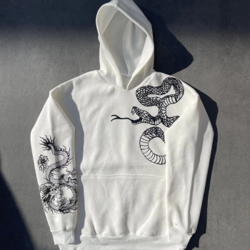 Uzun Kol Kapüşonlu Baskılı SweatShirt - Beyaz -