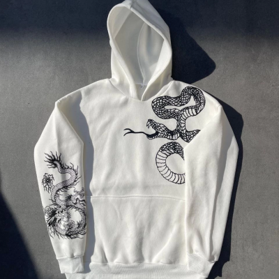 Uzun Kol Kapüşonlu Baskılı SweatShirt - Beyaz -