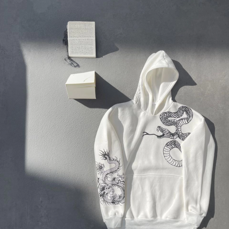 Uzun Kol Kapüşonlu Baskılı SweatShirt - Beyaz -