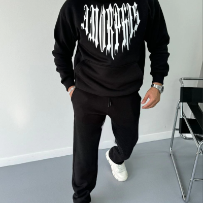 Uzun Kol Kapüşonlu Baskılı SweatShirt - Siyah -