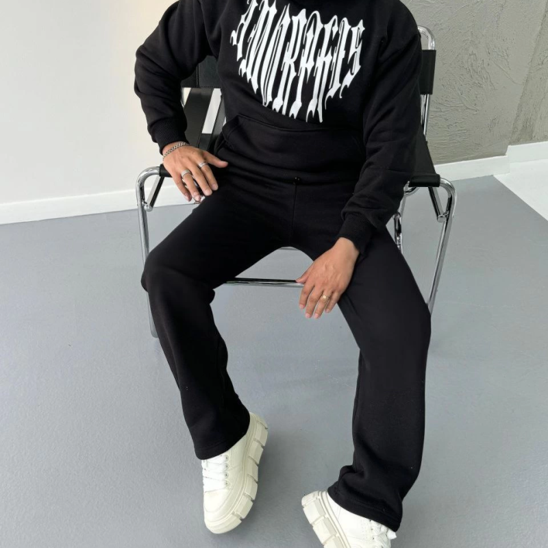 Uzun Kol Kapüşonlu Baskılı SweatShirt - Siyah -