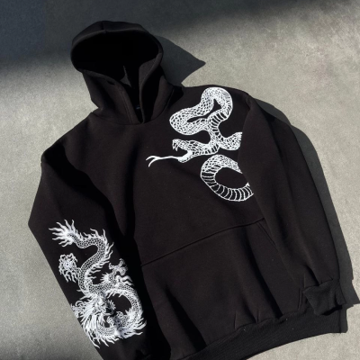 Uzun Kol Kapüşonlu Baskılı SweatShirt - Siyah -