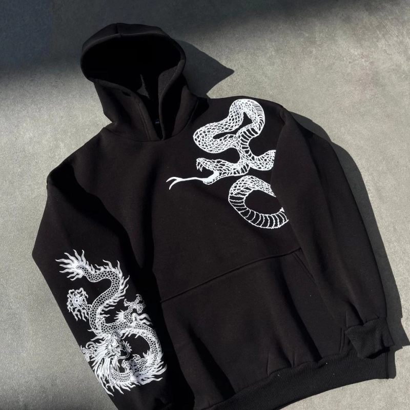 Uzun Kol Kapüşonlu Baskılı SweatShirt - Siyah -