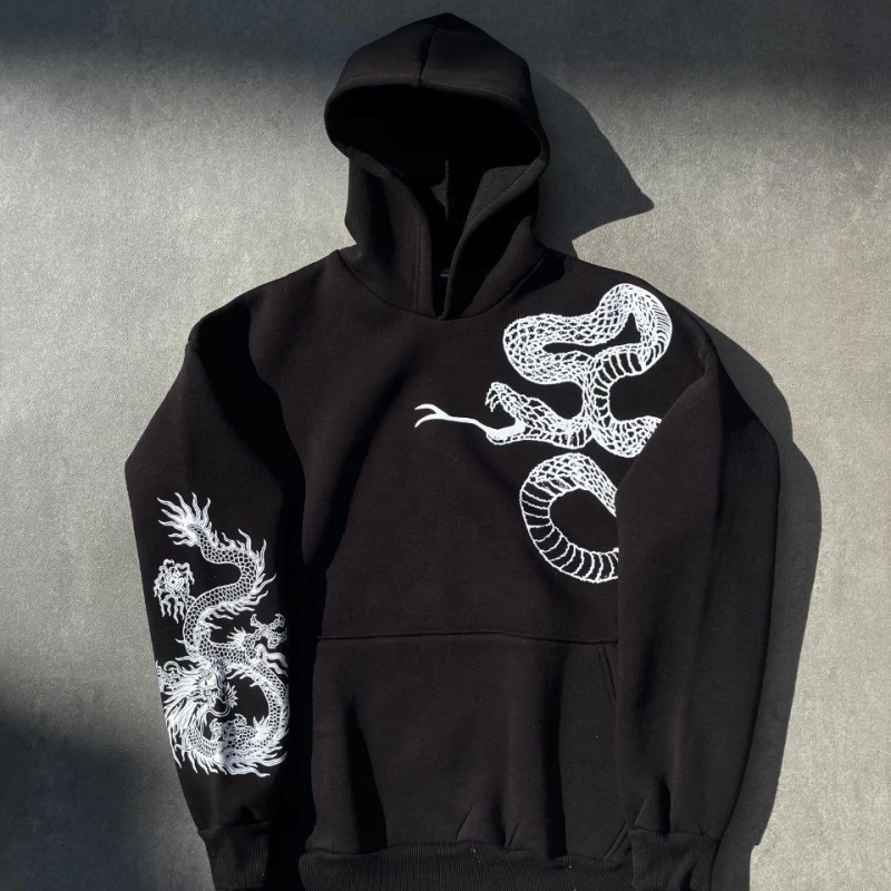 Uzun Kol Kapüşonlu Baskılı SweatShirt - Siyah -