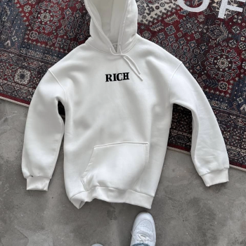 Uzun Kol Kapüşonlu Göğüs Baskılı SweatShirt - Beyaz -