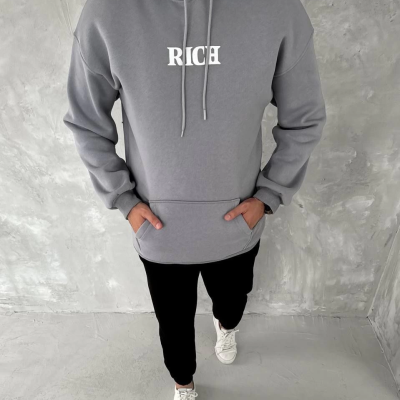 Uzun Kol Kapüşonlu Göğüs Baskılı SweatShirt - Gri