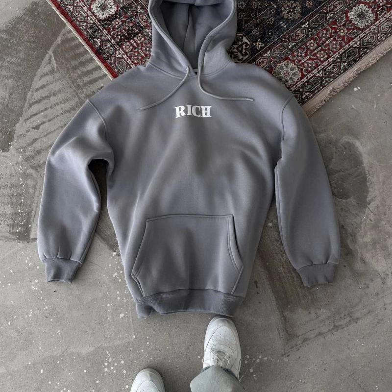 Uzun Kol Kapüşonlu Göğüs Baskılı SweatShirt - Gri