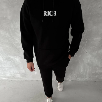 Uzun Kol Kapüşonlu Göğüs Baskılı SweatShirt - Siyah -