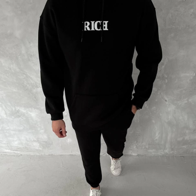 Uzun Kol Kapüşonlu Göğüs Baskılı SweatShirt - Siyah -