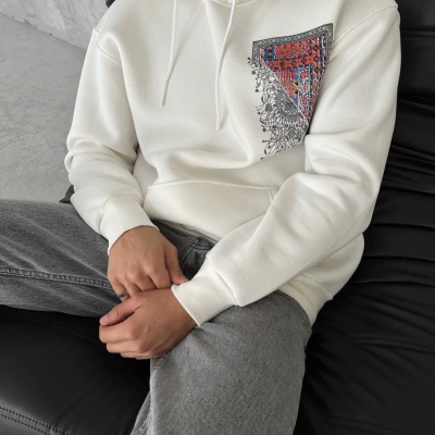 Uzun Kol Kapüşonlu Ön Ve Arka Baskılı SweatShirt - Beyaz -