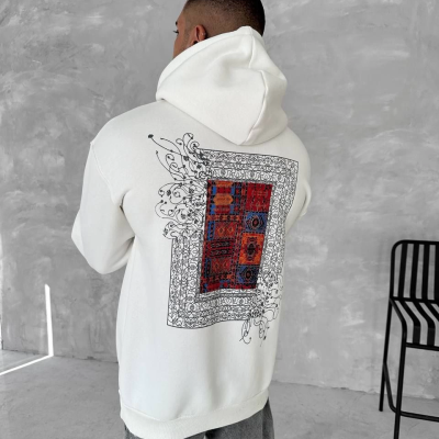 Uzun Kol Kapüşonlu Ön Ve Arka Baskılı SweatShirt - Beyaz -