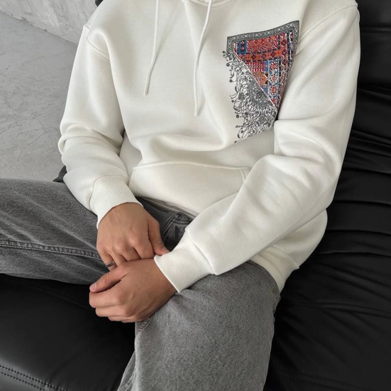 Uzun Kol Kapüşonlu Ön Ve Arka Baskılı SweatShirt - Beyaz -