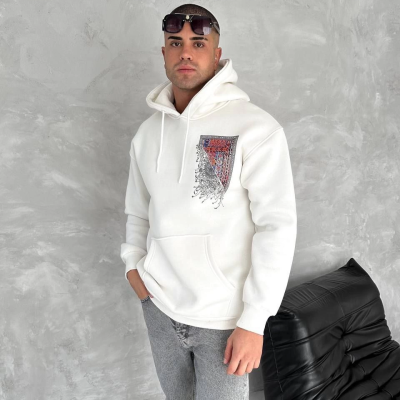 Uzun Kol Kapüşonlu Ön Ve Arka Baskılı SweatShirt - Beyaz -