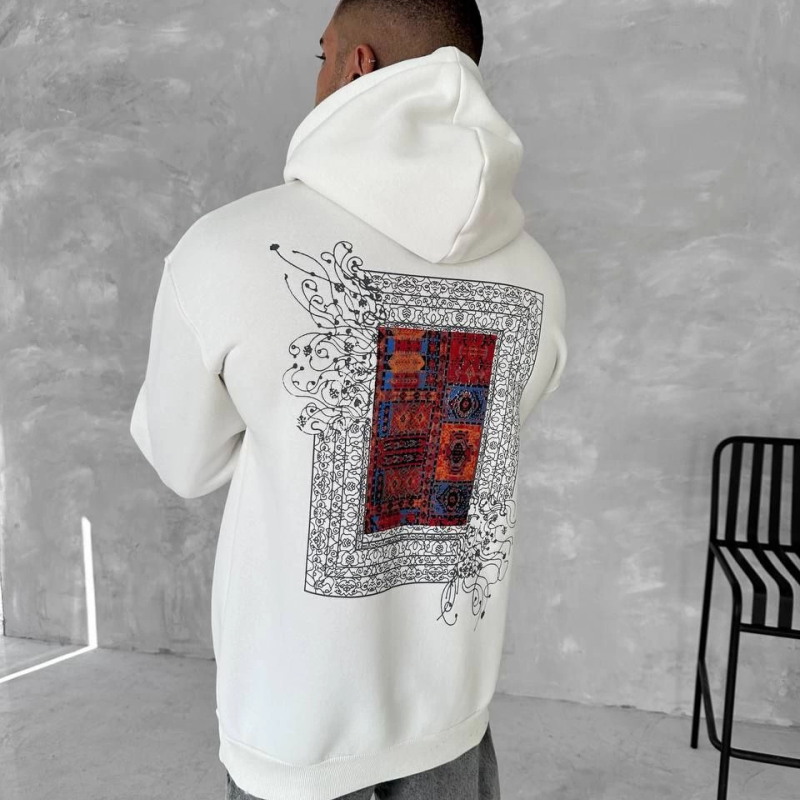Uzun Kol Kapüşonlu Ön Ve Arka Baskılı SweatShirt - Beyaz -