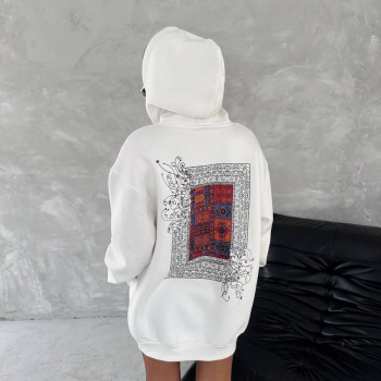 Uzun Kol Kapüşonlu Ön Ve Arka Baskılı SweatShirt - Beyaz -