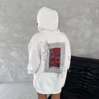 Uzun Kol Kapüşonlu Ön Ve Arka Baskılı SweatShirt - Beyaz -