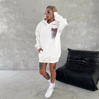 Uzun Kol Kapüşonlu Ön Ve Arka Baskılı SweatShirt - Beyaz -