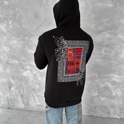 Uzun Kol Kapüşonlu Ön Ve Arka Baskılı SweatShirt - Siyah -