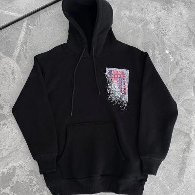 Uzun Kol Kapüşonlu Ön Ve Arka Baskılı SweatShirt - Siyah -